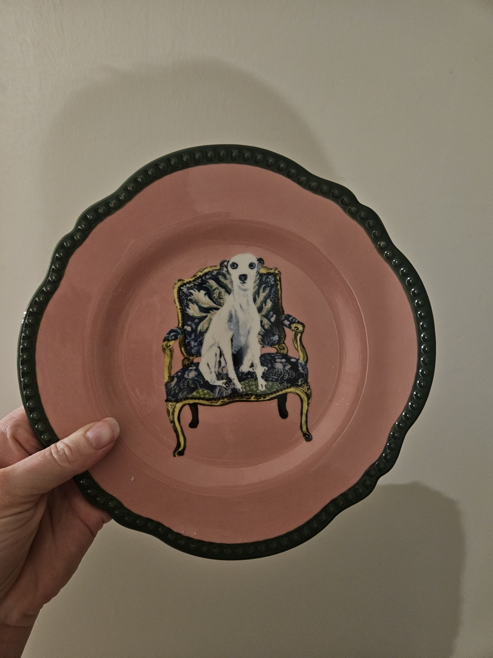 Anthropologie Pink Decorative Plate with Dog on Chair Motif